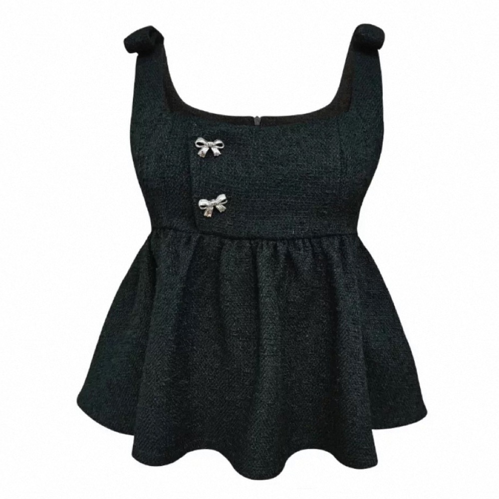 Japanese Kawaii Black Silver Bow Buttoned Peplum Flared Tank Top Shirt